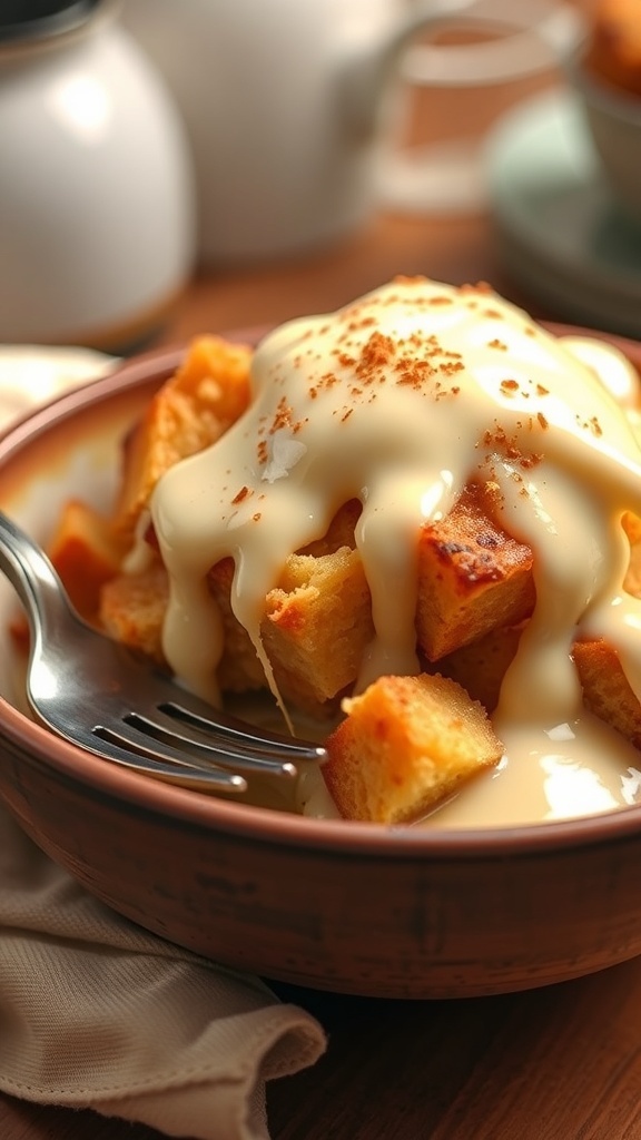 Easy Bread Pudding with Vanilla Sauce A bowl of warm bread pudding topped with vanilla sauce and a sprinkle of cinnamon, served with a fork.